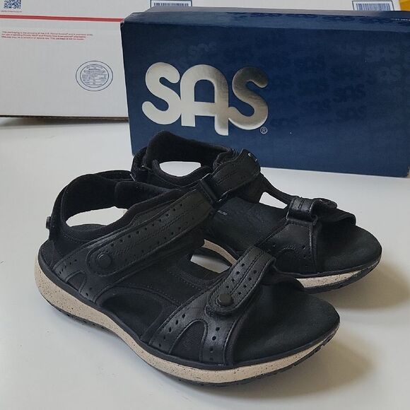 6 WIDE SAS BLACK VELCRO LEATHER ADJUSTABLE COMFORT ACTIVE SANDALS 6W LIKE NEW - Picture 2 of 11